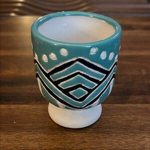Anthropologie Teal and White Ceramic Cup/Planter